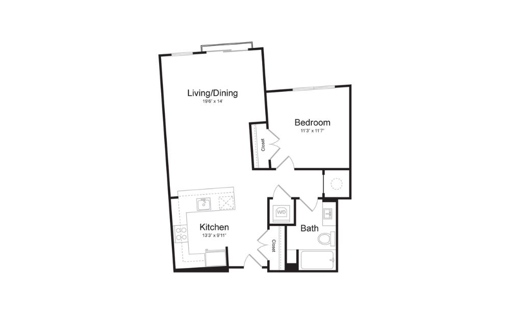 Floor plan map for a 1 bedroom apartment at 75 Tresser  in Stamford, CT, featuring labeled rooms with dimensions.